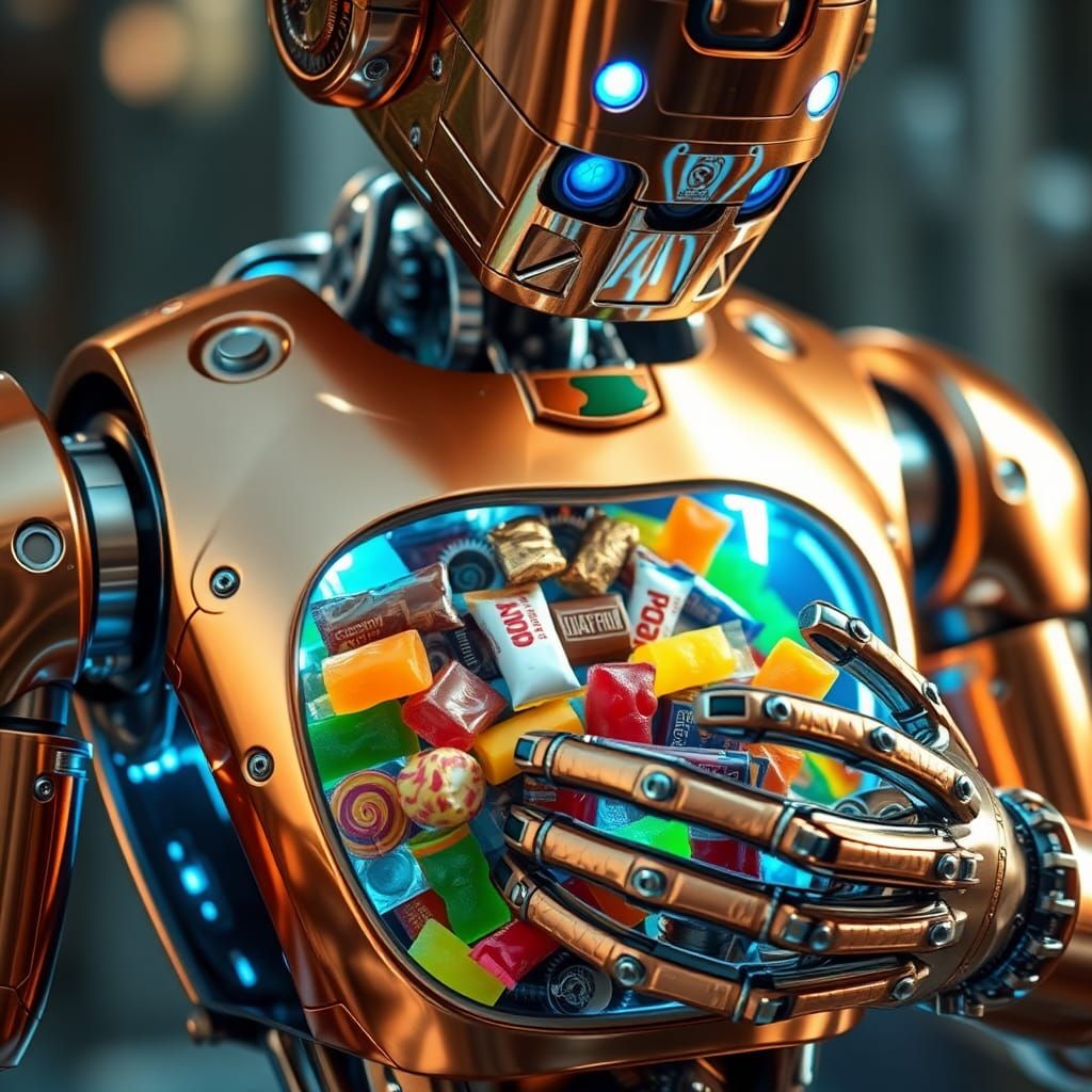 Robot Hoarding Candy in Futuristic Style