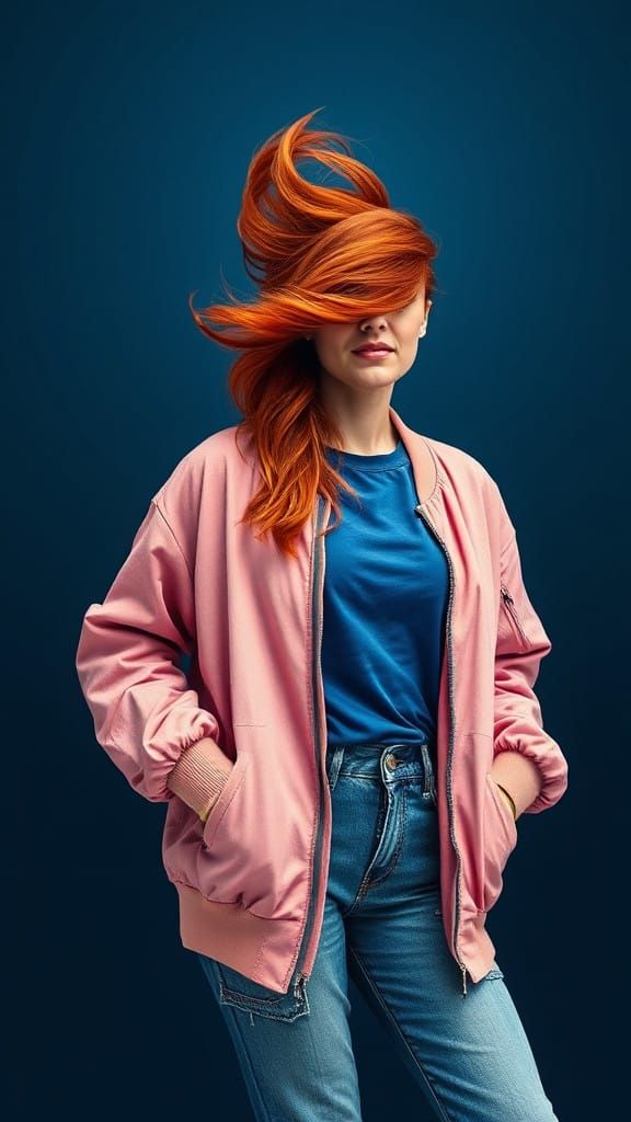 Cozy Woman in a Flipped Hairstyle Against a Dark Blue Backgr...