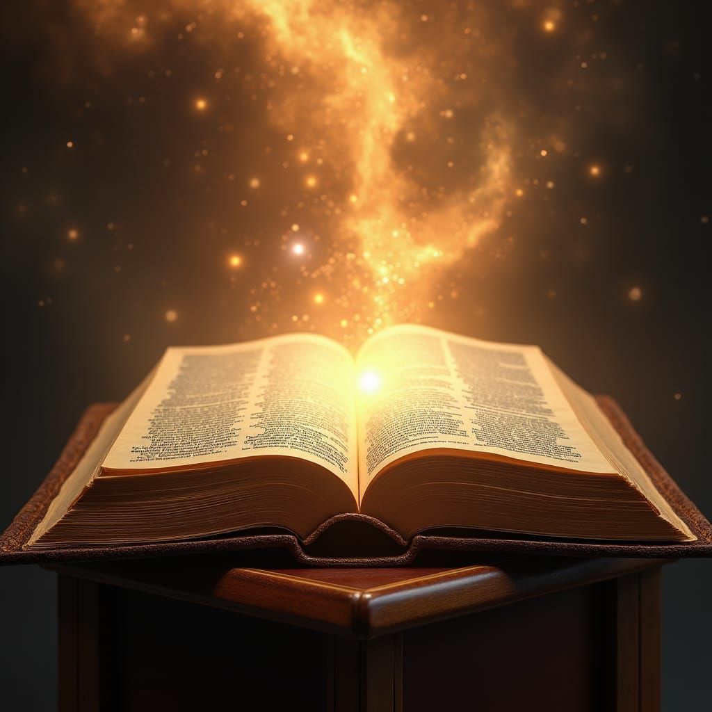 Nebula Illuminates Open Bible on Pedestal