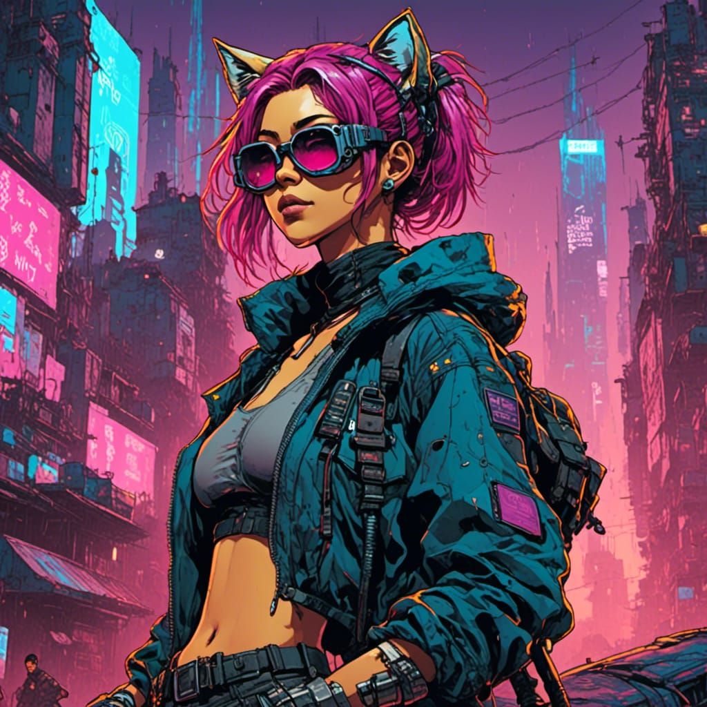 Cyberpunk Catgirl with Sunglasses in Cityscape