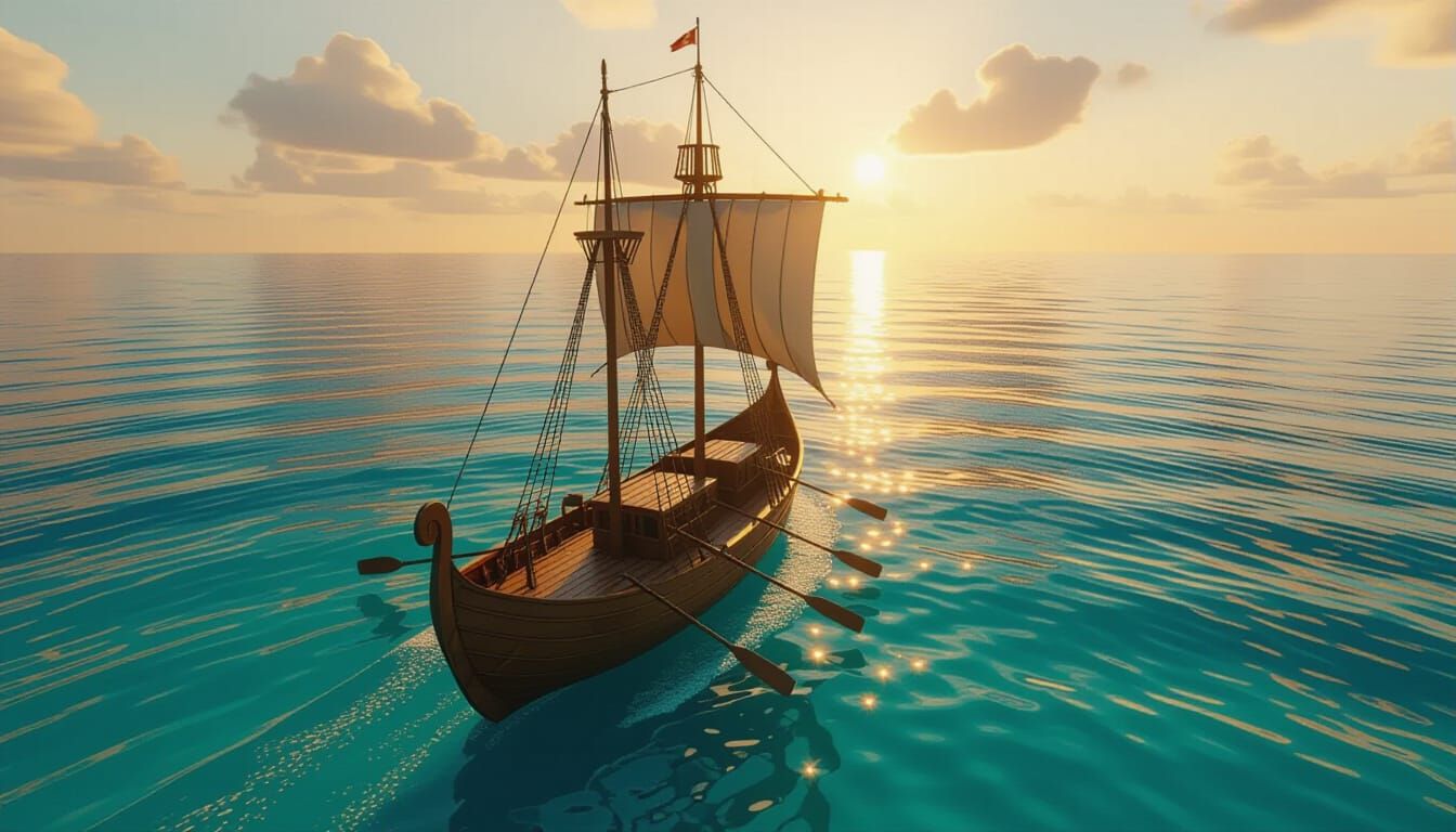 Photorealistic Roman Galley Sailing at Sunset