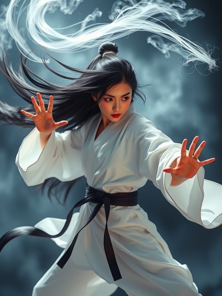 Ethereal Martial Artist Embodies Wind in Fantasy Art