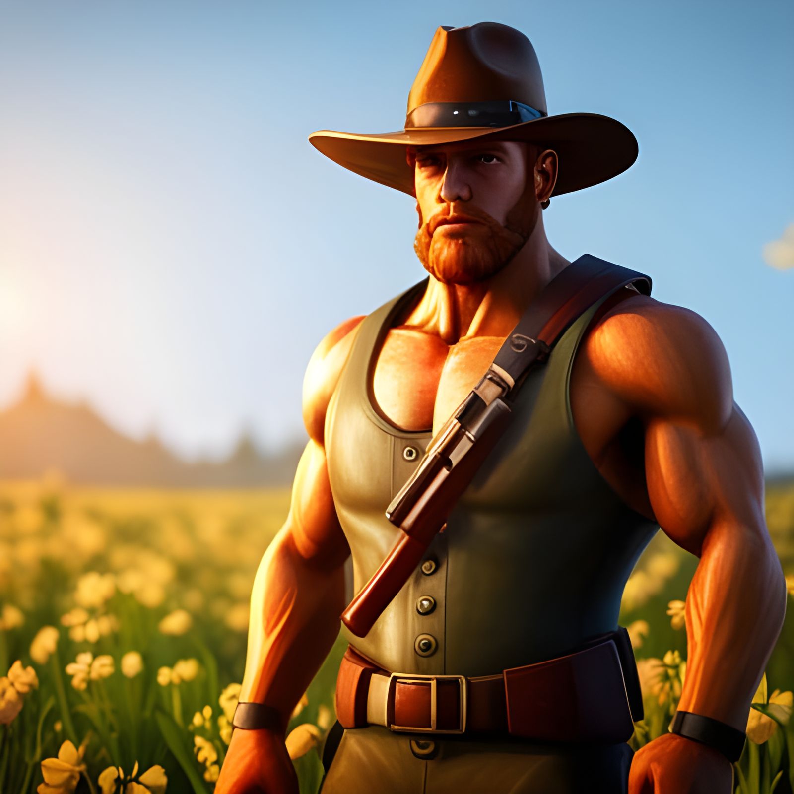 Muscular Man with Red Beard in Flower Field