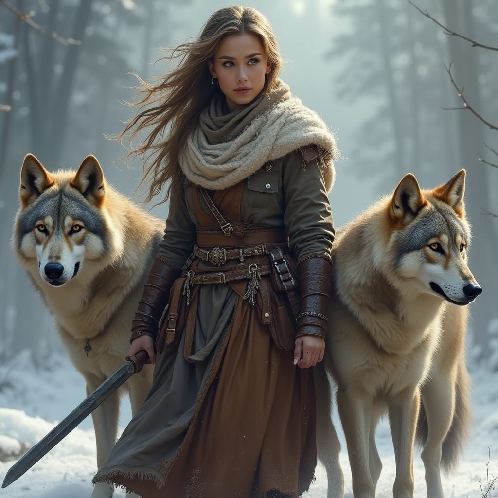 Female Warrior Surrounded by Loyal Wolves