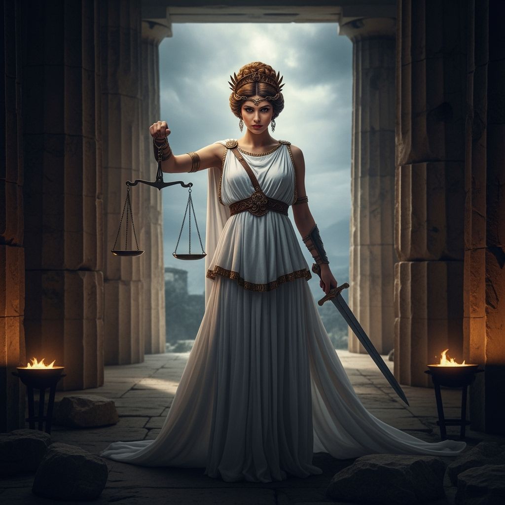 Themis, Goddess of Justice, in Ancient Temple