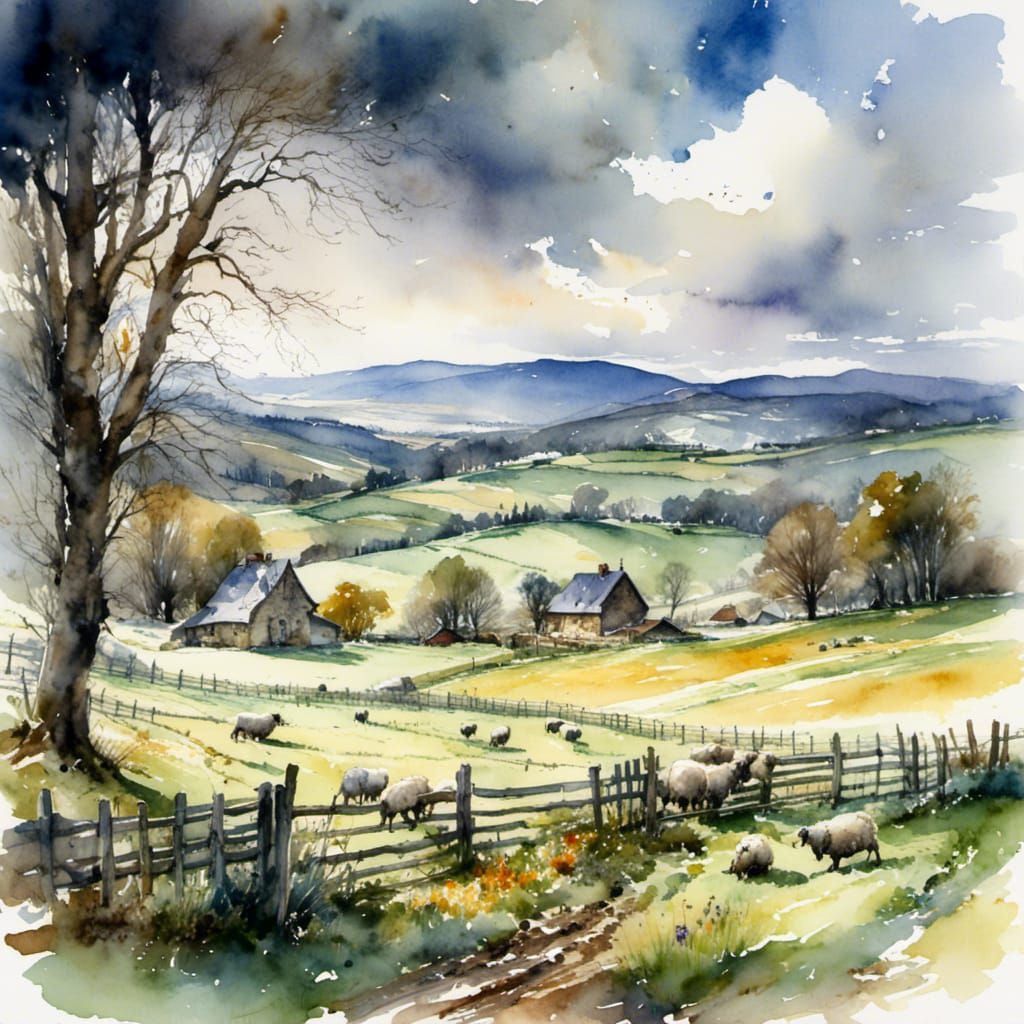 Stormy Day in Gothic English Field: Watercolor Sheep