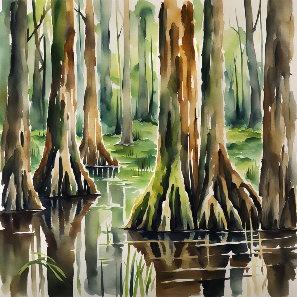 Abstract Watercolor Cypress Knees in Swamp