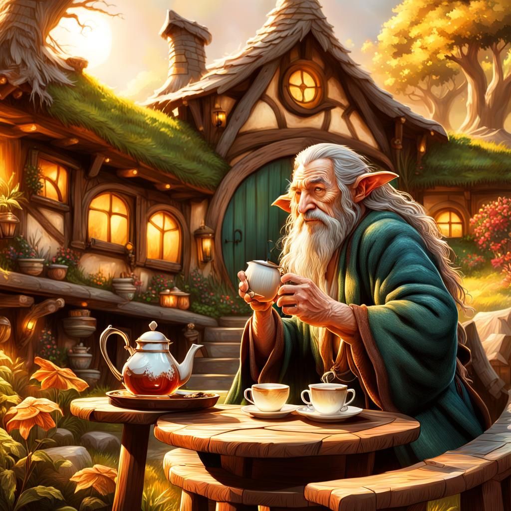 Hyperrealistic Hobbit Drinking Tea: Detailed Concept Art