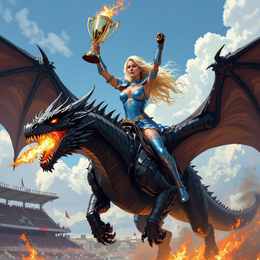 Warrior Rides Dragon Above Burning Stadium