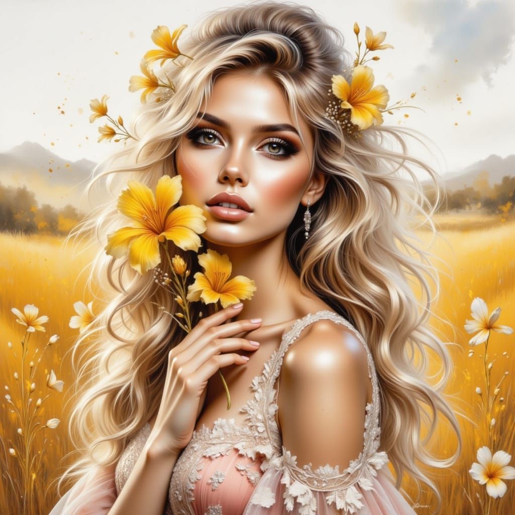 Blonde Woman with Flower in Watercolor Acrylic Style