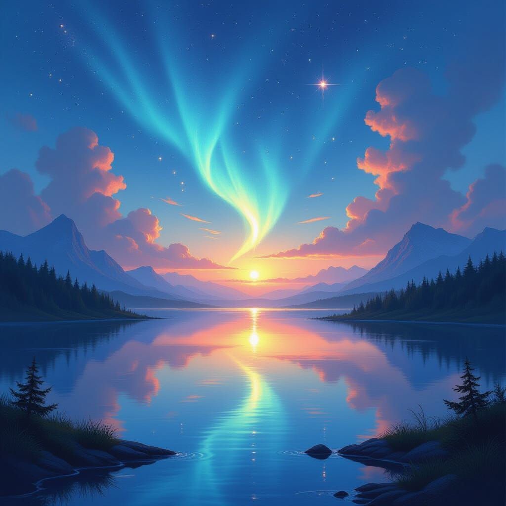 Ethereal Lake Dawn Cosmic Aurora Fantasy Art