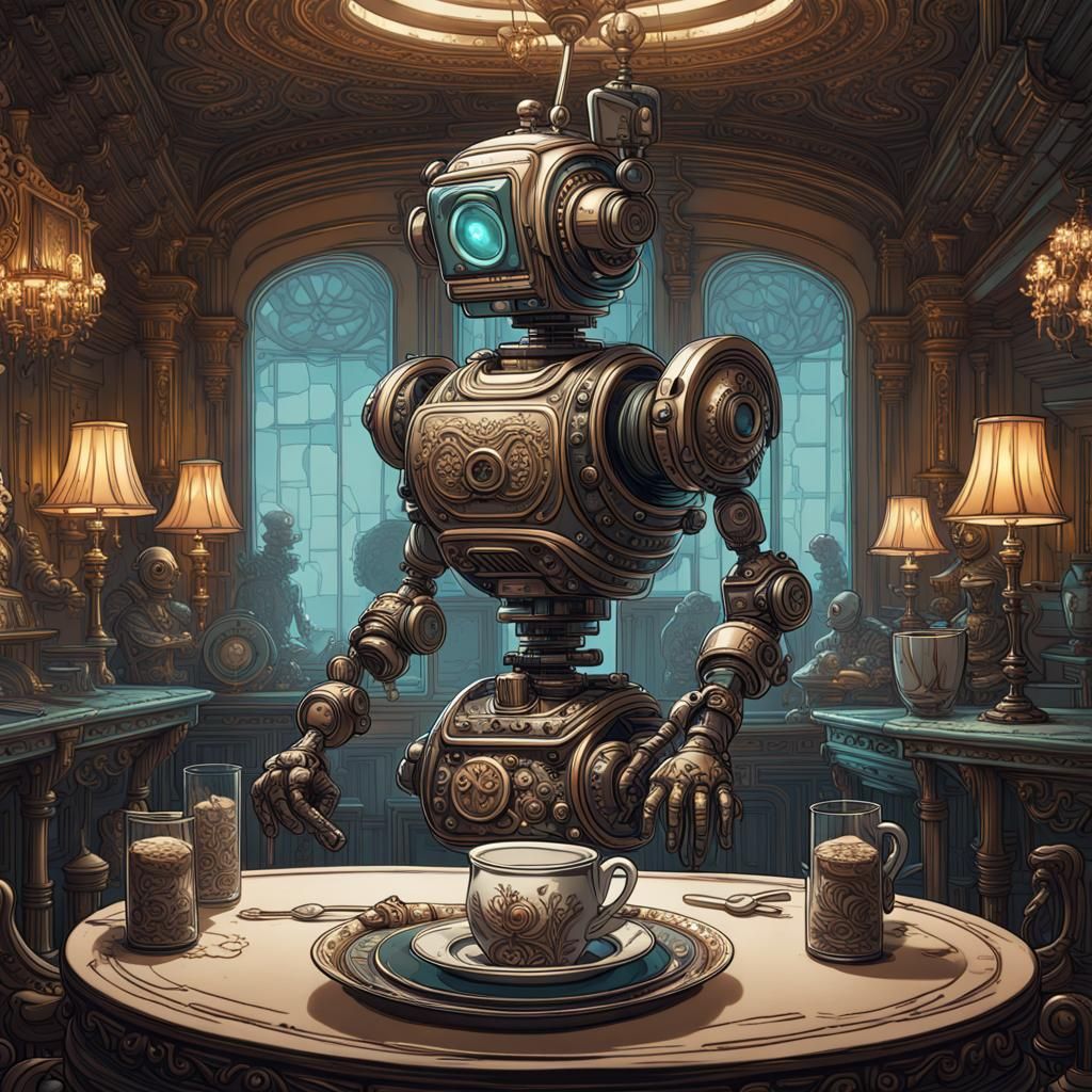 French Maid Robot Butler in Liquid Art Style