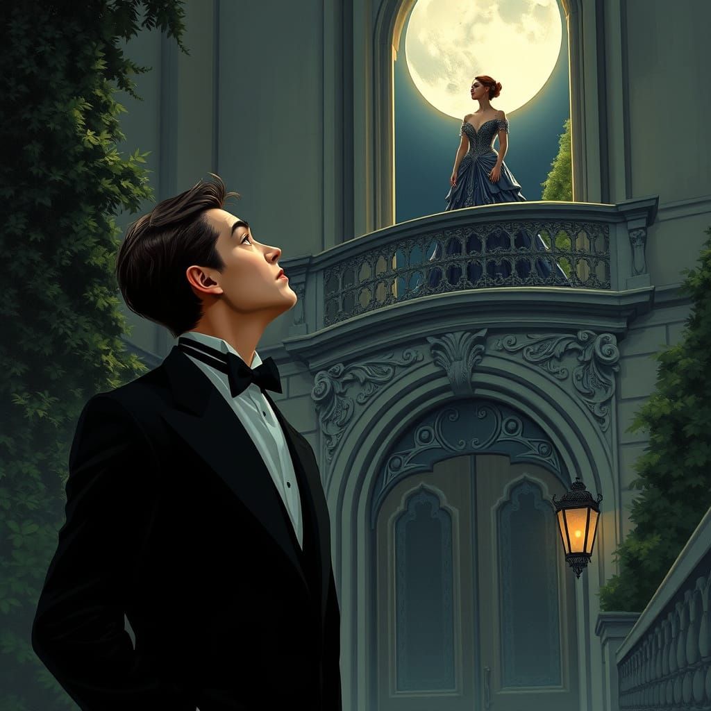 Elegant Gentleman Looks Up to Enchanting Woman on Moonlit Ba...