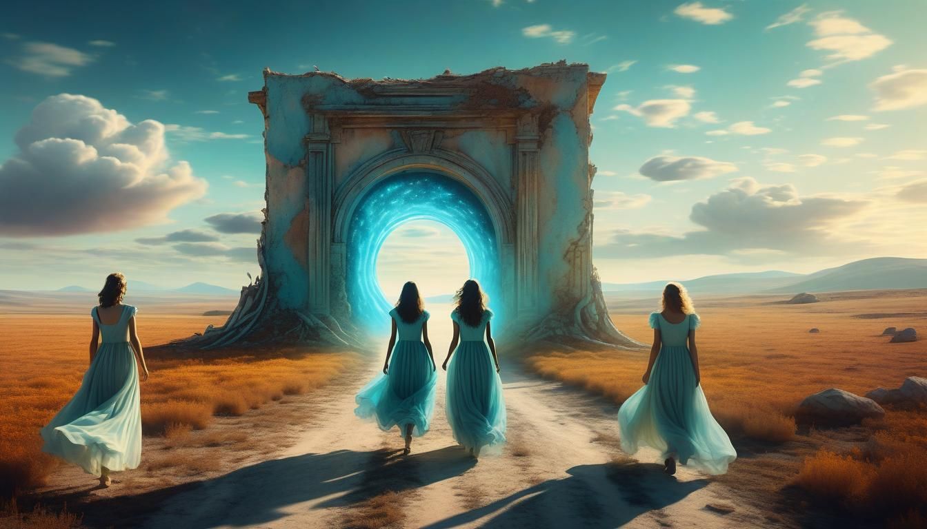 Women Journey to Glowing Portal in Surreal Landscape