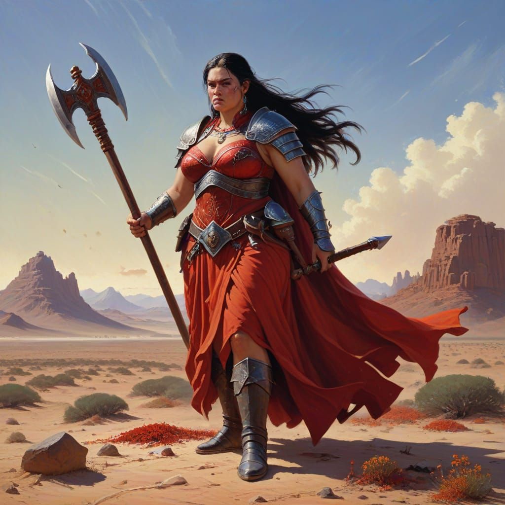 Elven Warrior in Crimson Desert, Botero-style Oil Painting