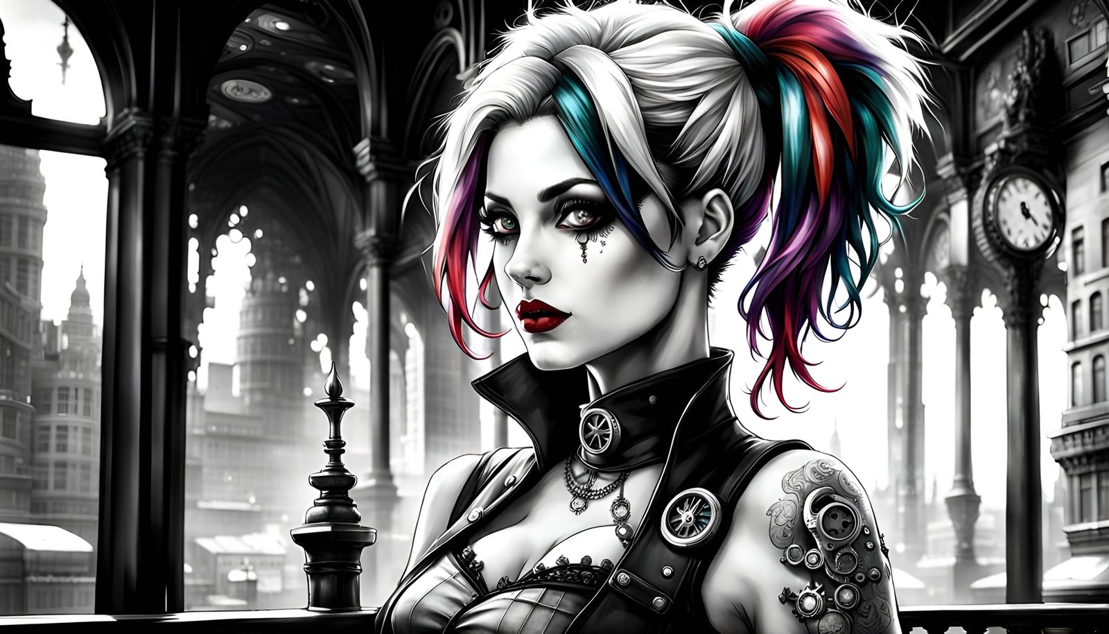Grayscale steampunk Harley Quin