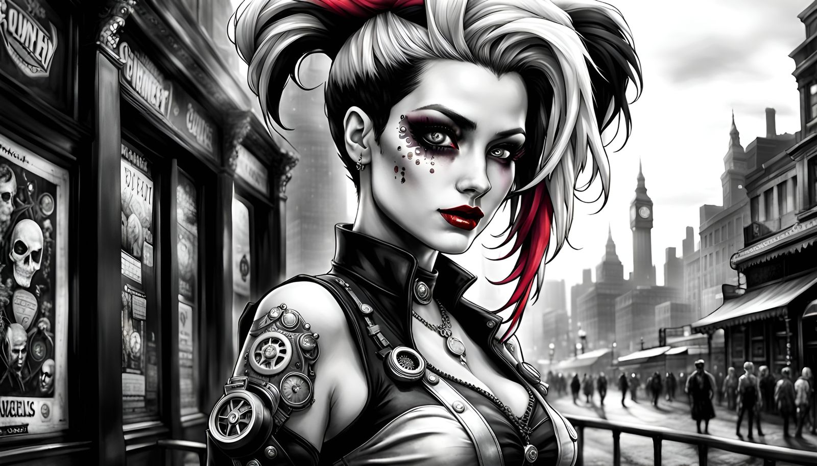 Grayscale steampunk Harley Quin