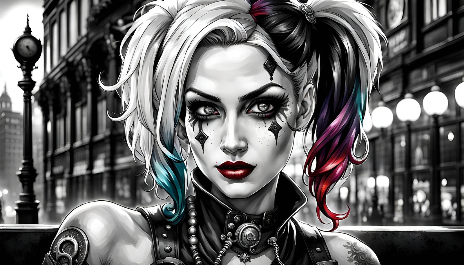 Grayscale steampunk Harley Quin