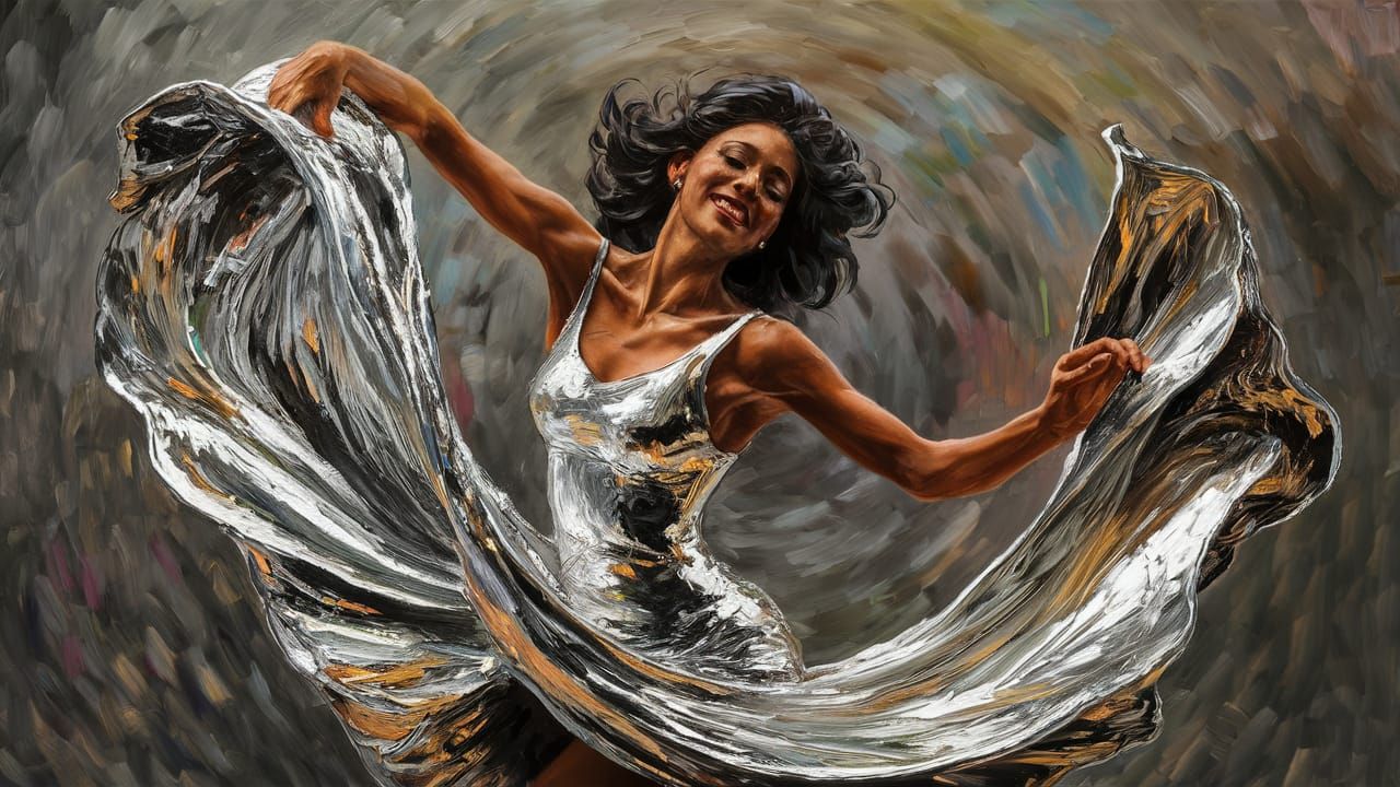 Woman Dancing in Silver Dress: An Impasto Painting