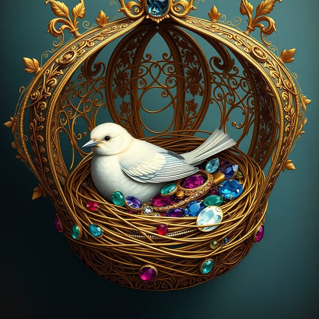 Golden Crown with Bird's Nest and Treasured Jewels in Whimsi...