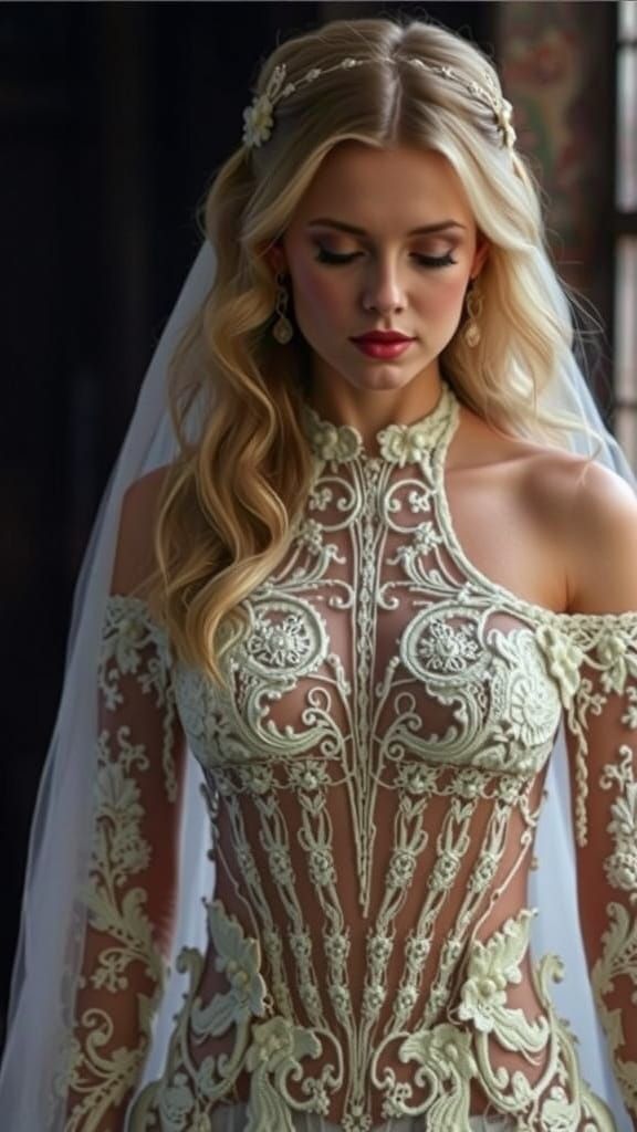 Ethereal Crochet Wedding Gown in Pre-Raphaelite Style