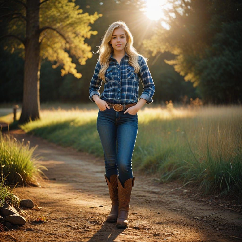Blonde Teen in Jeans, Flannel, and Boots