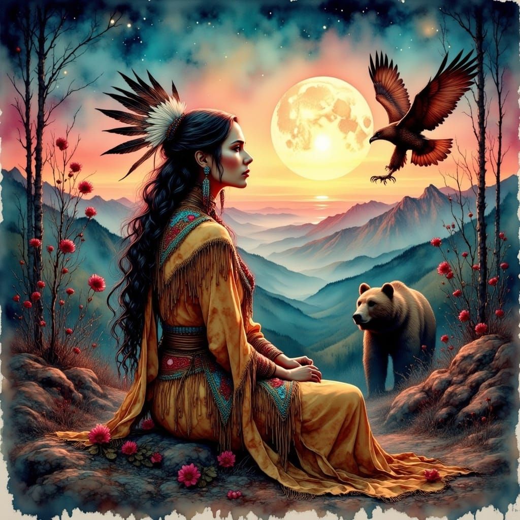 Native American Woman Under Moon: Surrealist Style