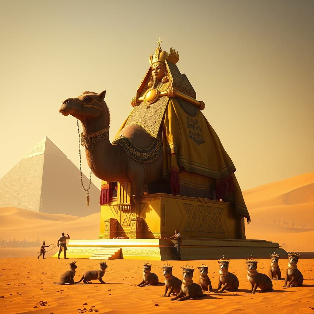 Regal Camel in Golden Desert Throne, Surrounded by Worshipfu...