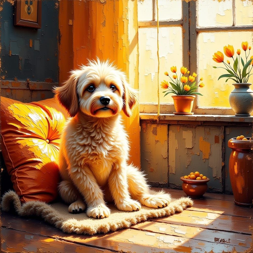 Fluffy Puppy Portrait in Vibrant Impasto Oil Style