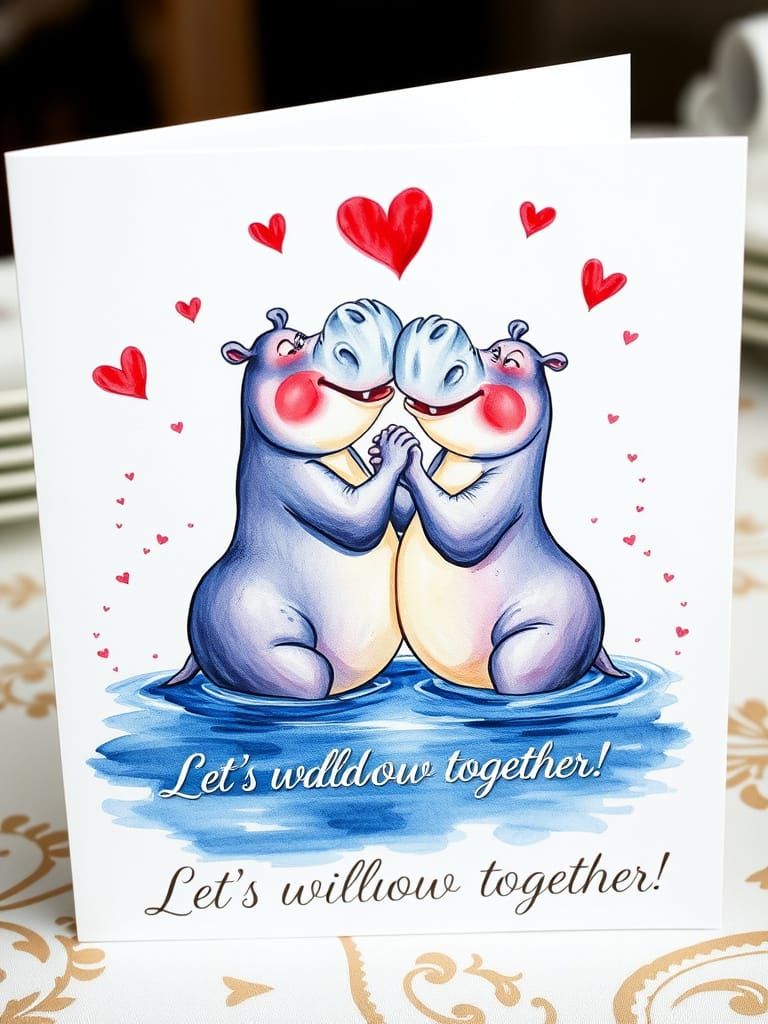Hippos Tango in Whimsical Watercolour Valentine Art