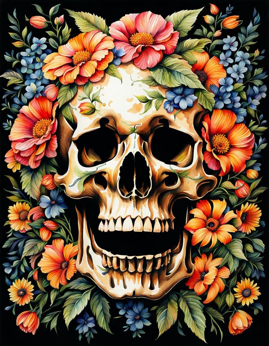 Floral Skull in Watercolor with Intricate Details