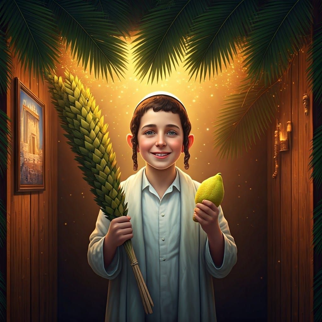 Joyful Boy with Lulav in Sukkah: 3D Rendered