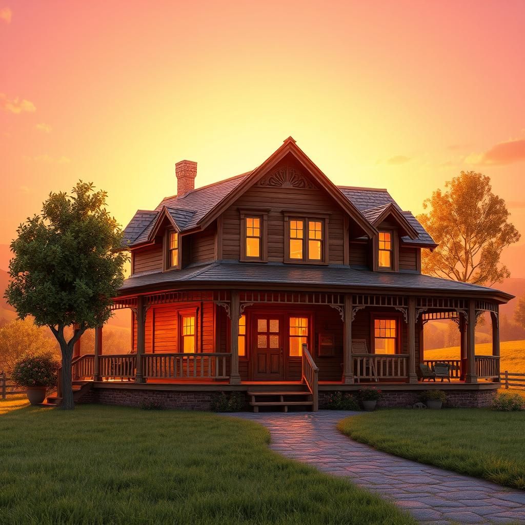 Victorian Farmhouse at Sunset: 3D Digital Art