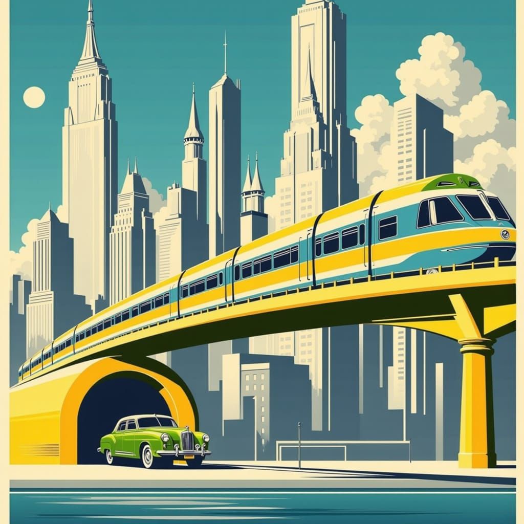 Surreal Cityscape in Art Deco Style Featuring a Streamlined ...