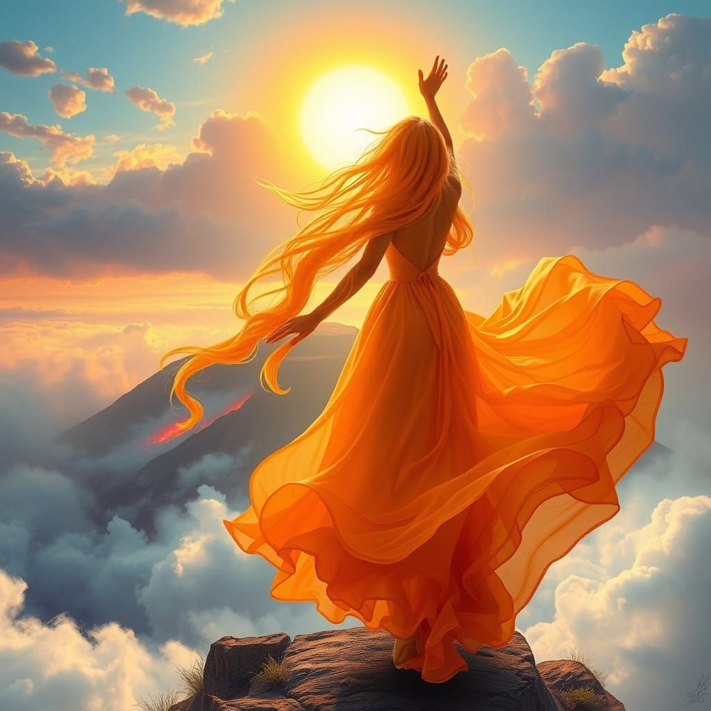 Radiant Princess Soaring Above Volcanic Landscape