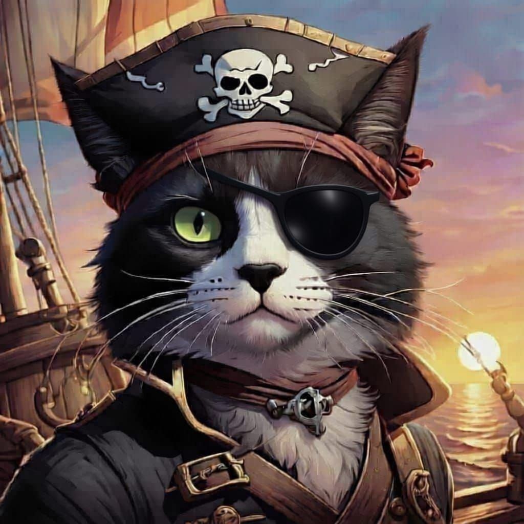 Pirate Cat on Galleon with Jolly Roger