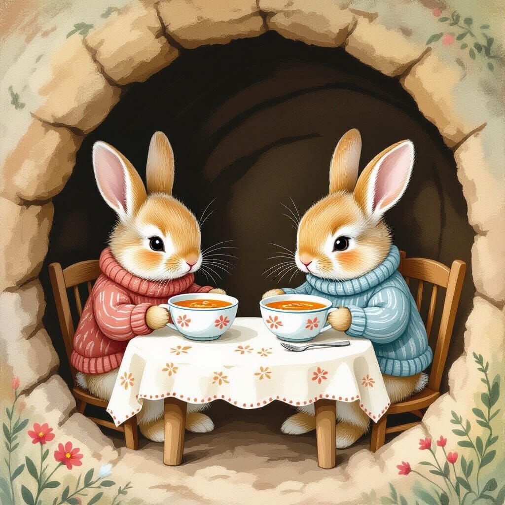 Baby Bunnies Eating Soup, in Beatrix Potter Style