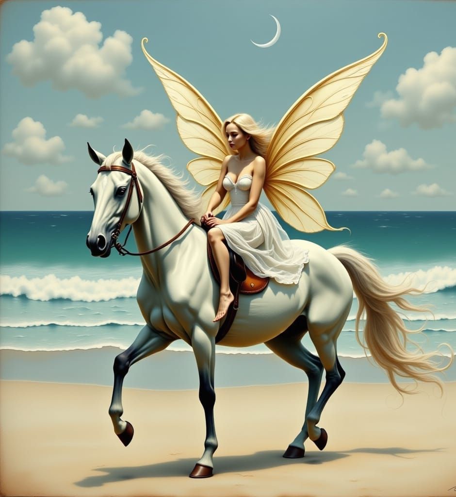 Ethereal Fairy Riding Horse on Serene Beach Landscape