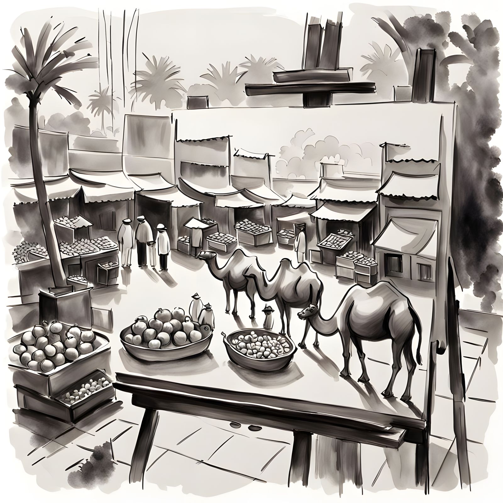 Oriental Marketplace Sketch: Surreal Monochrome Drawing