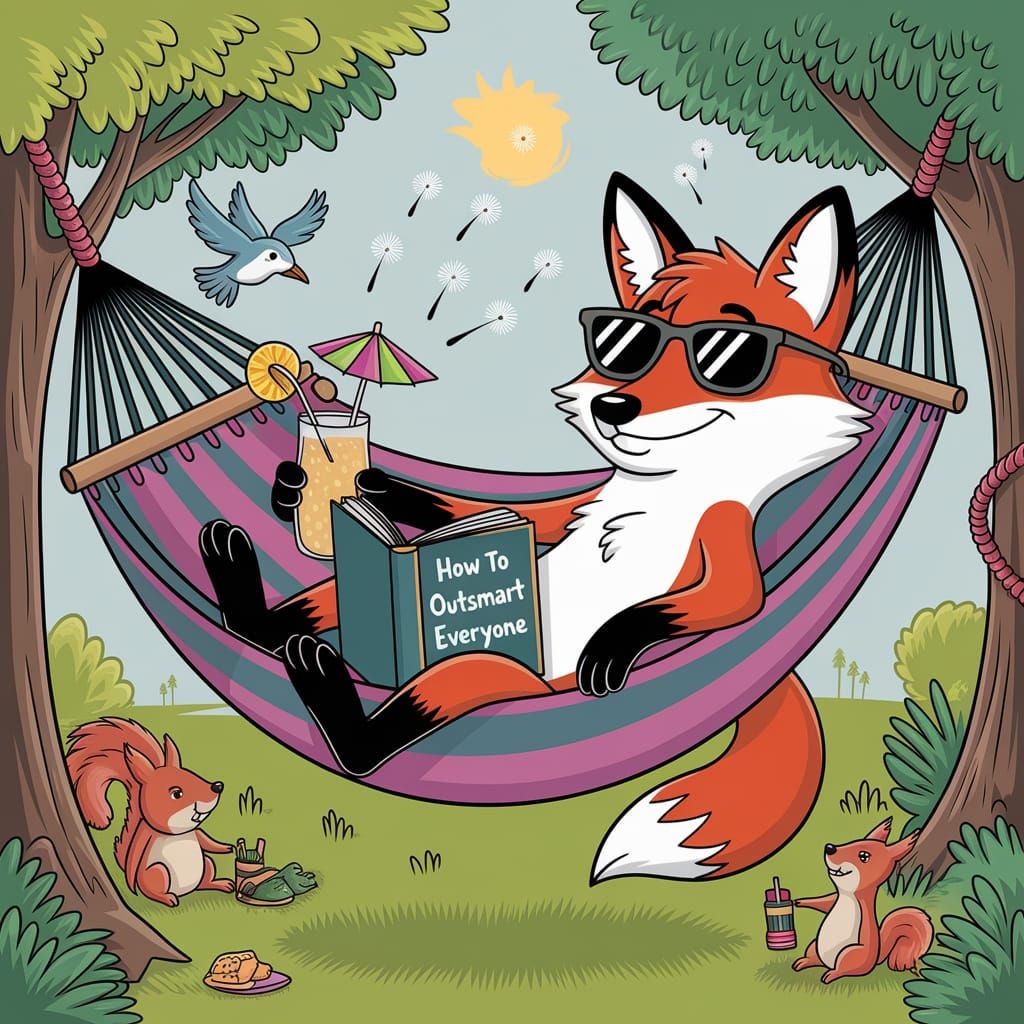 Cartoon Fox Lounging in Hammock in Playful Style