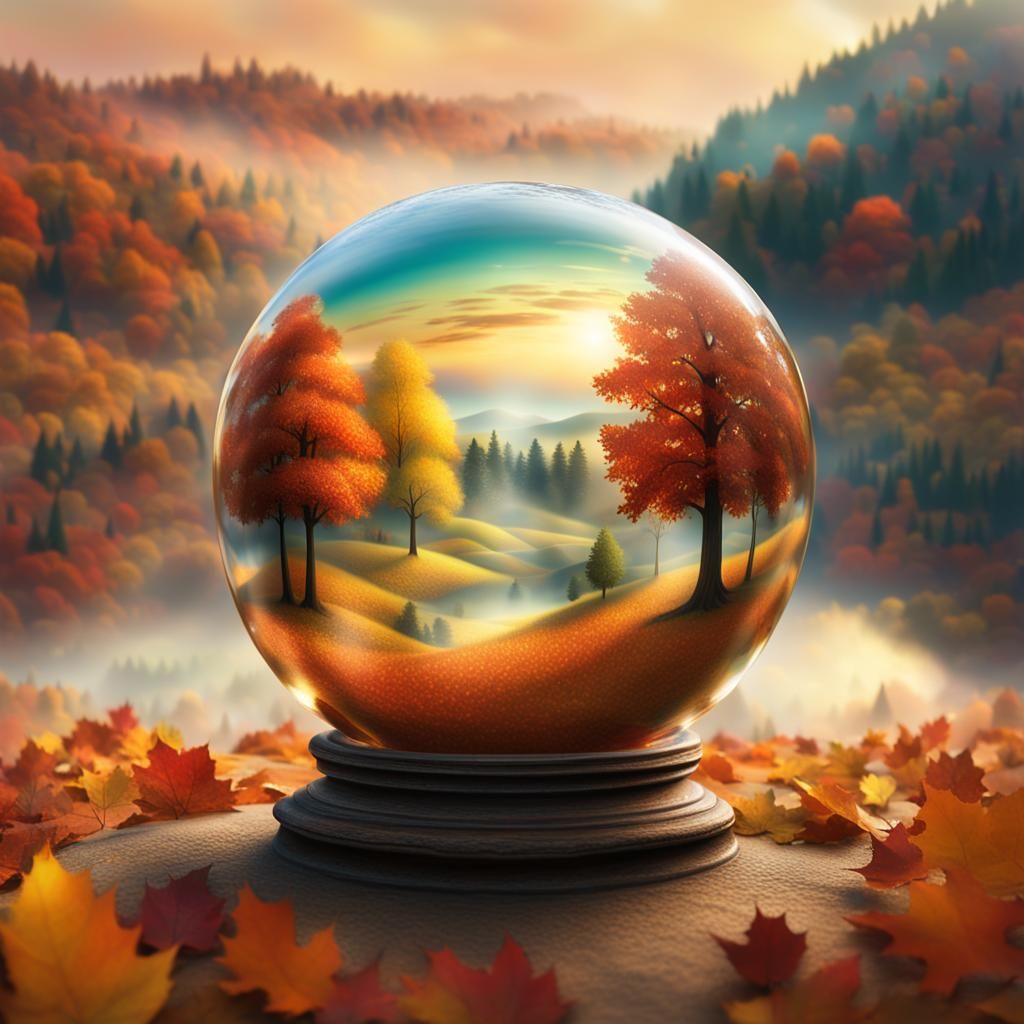 Glass Ball with Autumn Scenery: Surreal Matte Painting