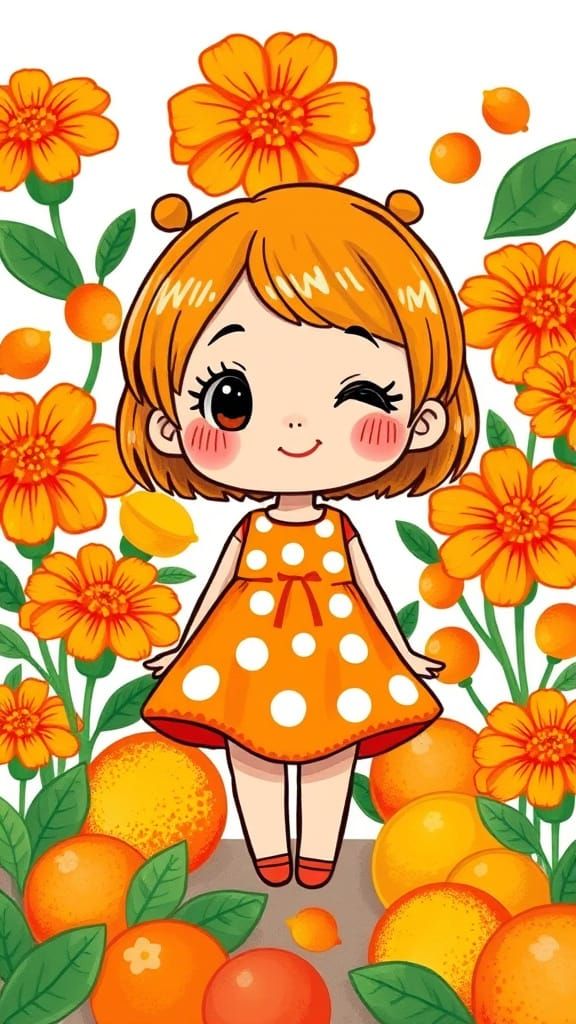 Playful Chibi Character in Orange Garden, Digital Art