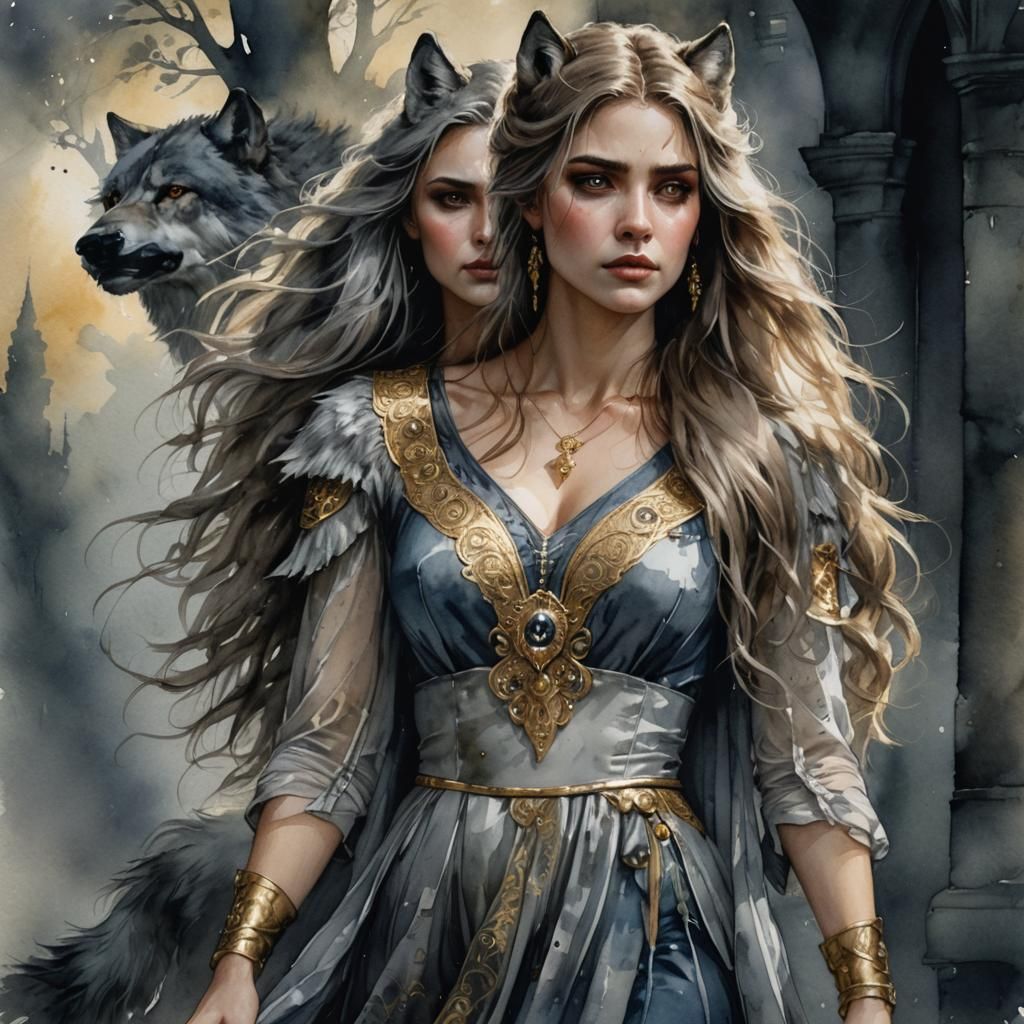Watercolor Wolf Woman with Golden Eyes