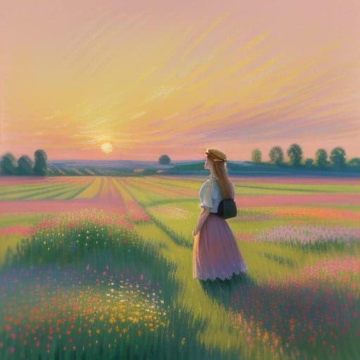 Soft Impressionist Landscape with Gentle Female Figure in a ...
