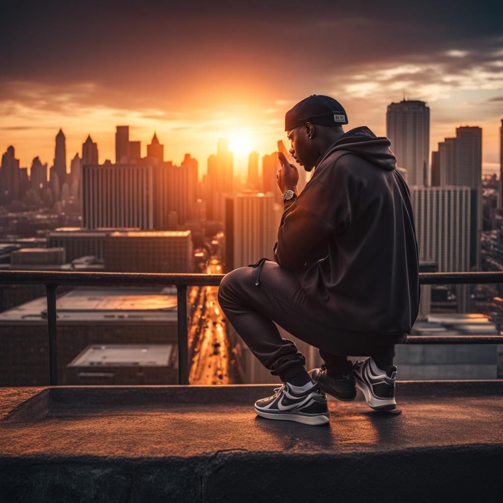 Rapper Silhouetted Against a Breathtaking Urban Sunrise
