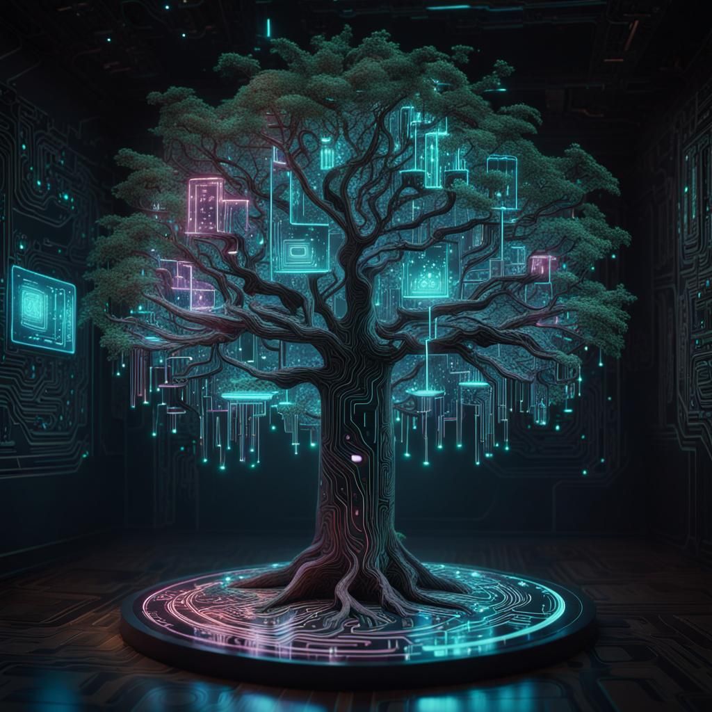 Circuit Board Tree with Prismatic Veins in Mystical Setting