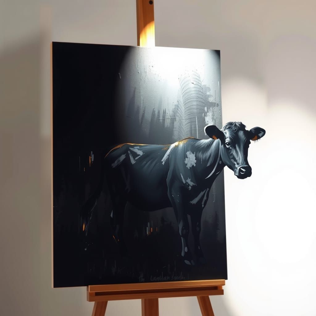 Black Cow and Calf Painting in Grunge Style