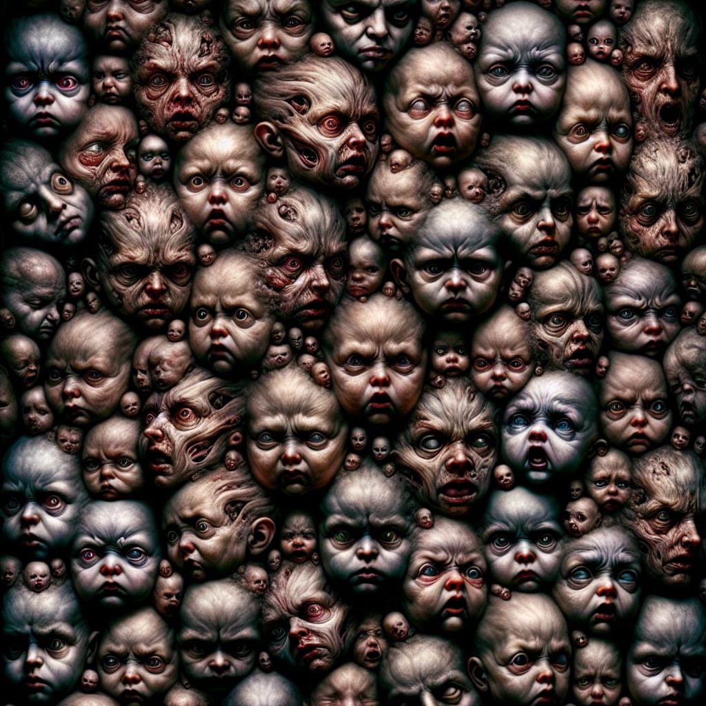 Surreal Decaying Baby Faces Illustration with Overlapping Te...