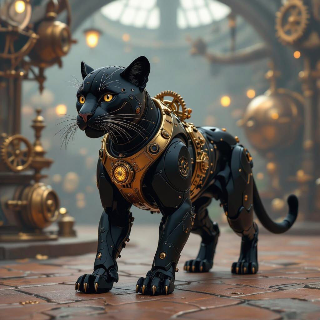 Steampunk Black Panther in Syd Mead Style