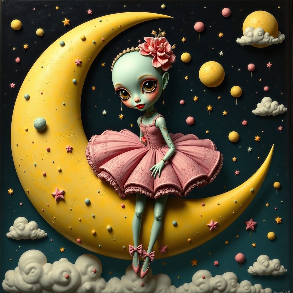 Ballerina Robot on the Moon, Pop Surrealist Illustration